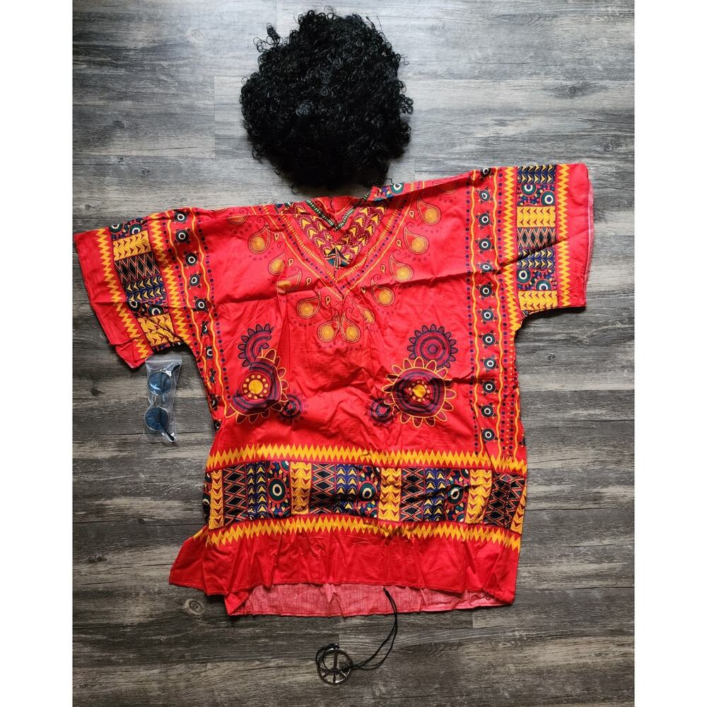 Spirit Halloween Adult L/XL Hippie Costume Shirt, Wig, Glasses, Peace Necklace - Picture 5 of 13